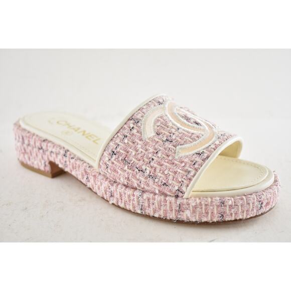 Chanel 20P Pink White Tweed Mesh CC Logo Slide Slip On Sandal Mule Heel Flat 36 - Picture 4 of 15